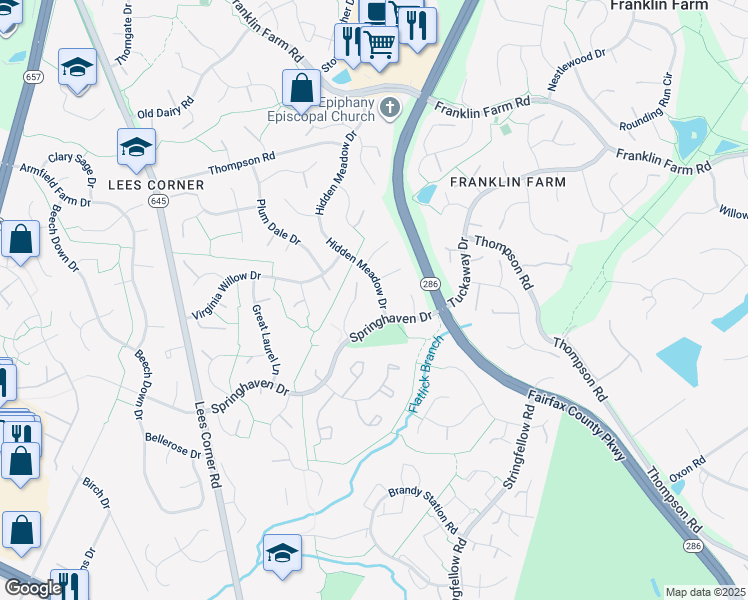 map of restaurants, bars, coffee shops, grocery stores, and more near 3436 Hidden Meadow Drive in Fairfax