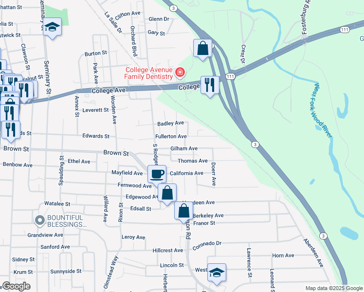 map of restaurants, bars, coffee shops, grocery stores, and more near 3450 Fullerton Avenue in Alton