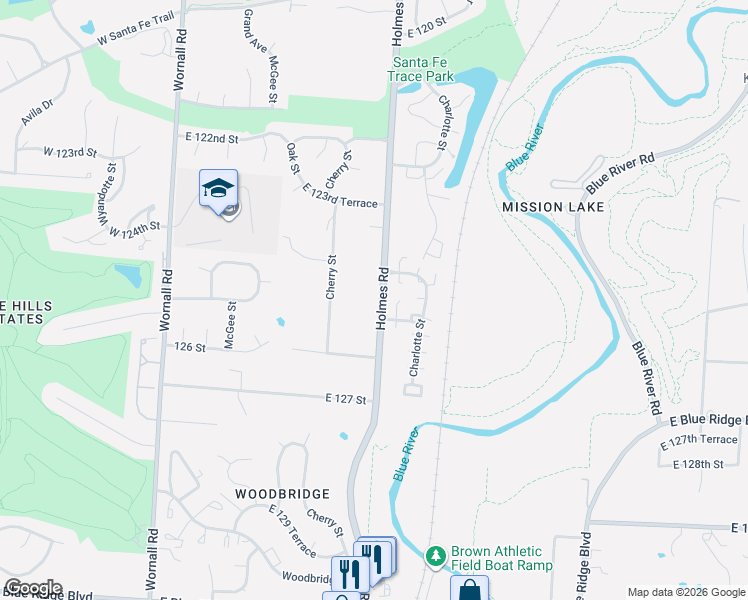 map of restaurants, bars, coffee shops, grocery stores, and more near 12414 Holmes Road in Kansas City