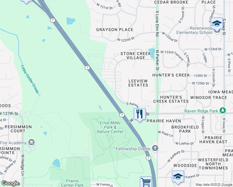 map of restaurants, bars, coffee shops, grocery stores, and more near 12523 Chelsea Street in Olathe