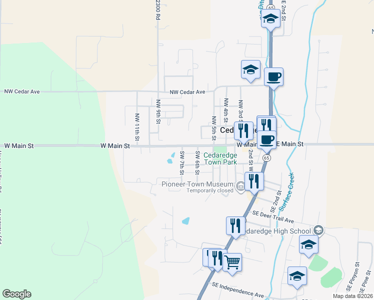 map of restaurants, bars, coffee shops, grocery stores, and more near 650 West Main Street in Cedaredge