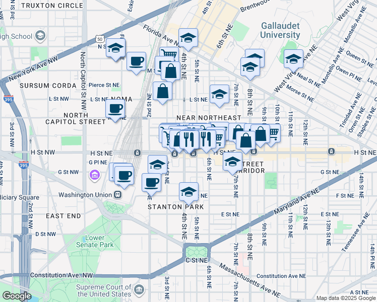 map of restaurants, bars, coffee shops, grocery stores, and more near 101 Independence Avenue Southeast in Washington