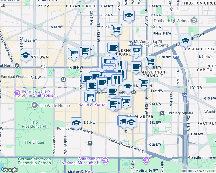 map of restaurants, bars, coffee shops, grocery stores, and more near 825 10th Street Northwest in Washington