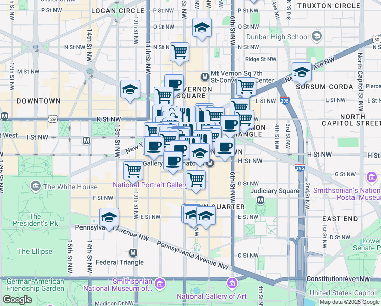 map of restaurants, bars, coffee shops, grocery stores, and more near 801 9th Street Northwest in Washington