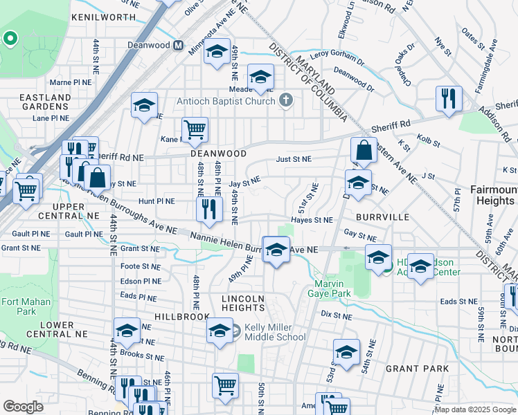 map of restaurants, bars, coffee shops, grocery stores, and more near 5002 Hayes Street Northeast in Washington