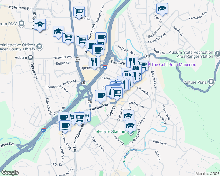 map of restaurants, bars, coffee shops, grocery stores, and more near 153 Kenmass Avenue in Auburn