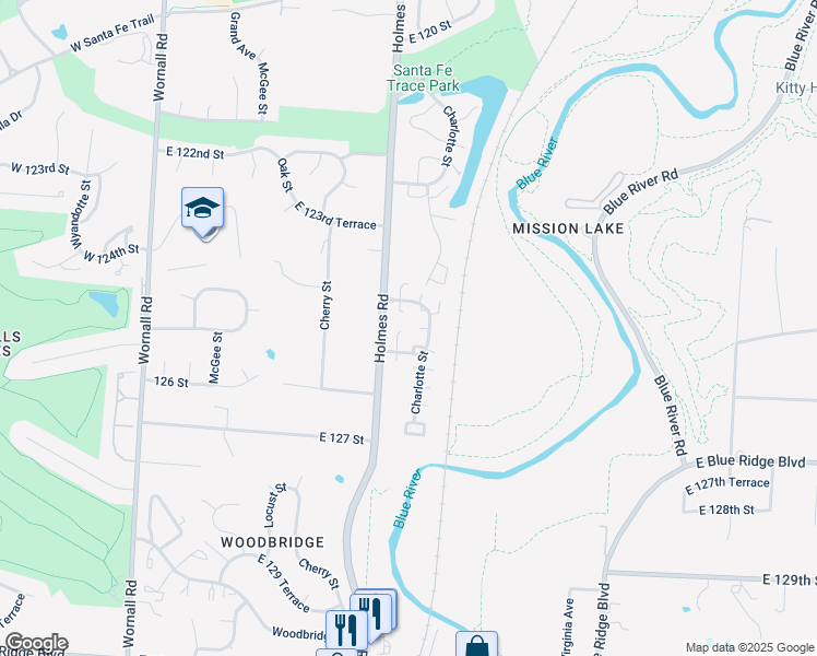 map of restaurants, bars, coffee shops, grocery stores, and more near 741 East 124 Street in Kansas City