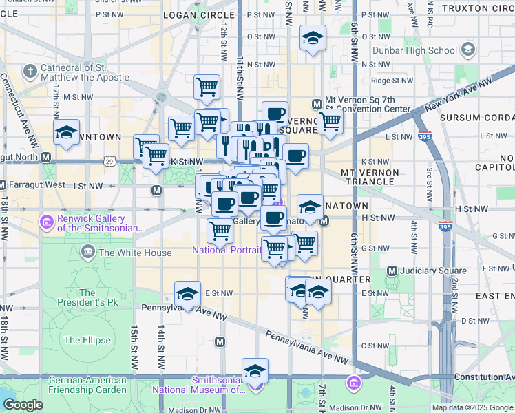 map of restaurants, bars, coffee shops, grocery stores, and more near 822 10th Street Northwest in Washington