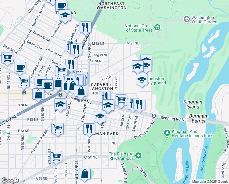 map of restaurants, bars, coffee shops, grocery stores, and more near 800 20th Street Northeast in Washington