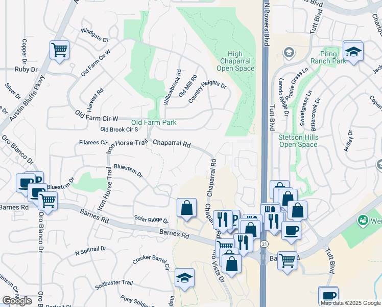 map of restaurants, bars, coffee shops, grocery stores, and more near 4745 Woodsorrel Court in Colorado Springs