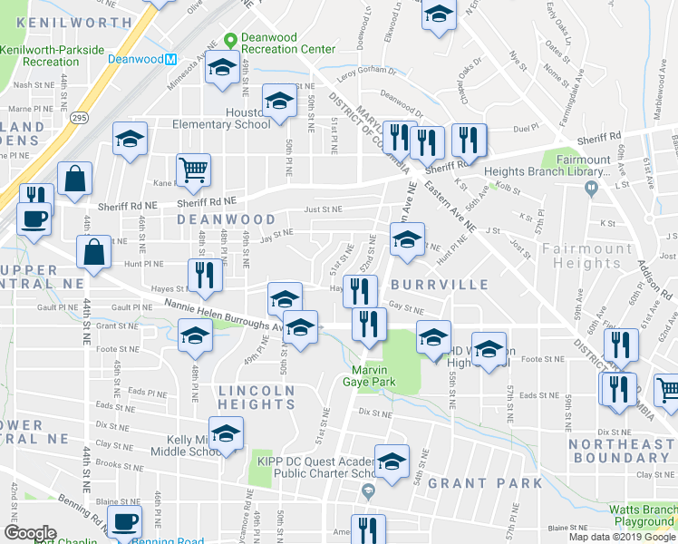 map of restaurants, bars, coffee shops, grocery stores, and more near 813 51st Street Northeast in Washington