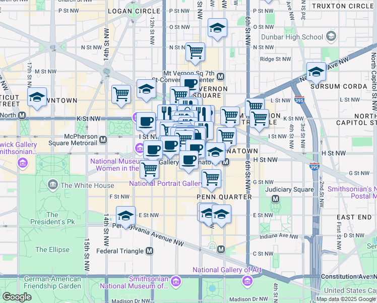 map of restaurants, bars, coffee shops, grocery stores, and more near 920 I Street Northwest in Washington