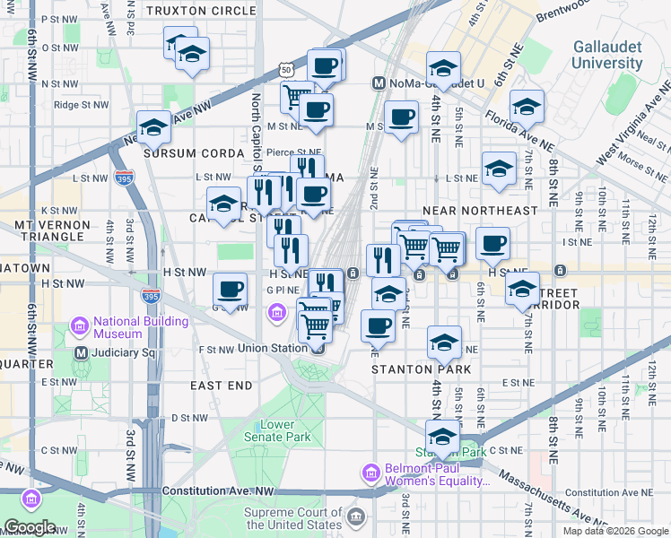 map of restaurants, bars, coffee shops, grocery stores, and more near in Washington