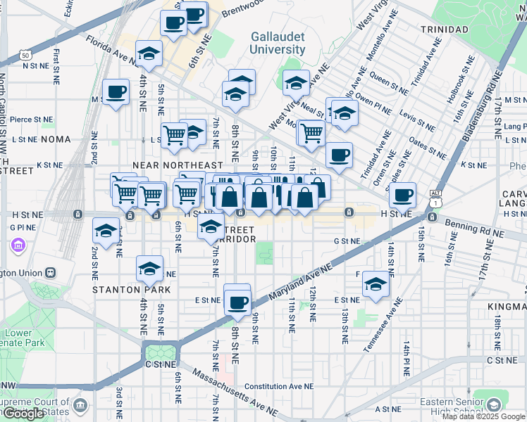 map of restaurants, bars, coffee shops, grocery stores, and more near 101 Independence Avenue Southeast in Washington