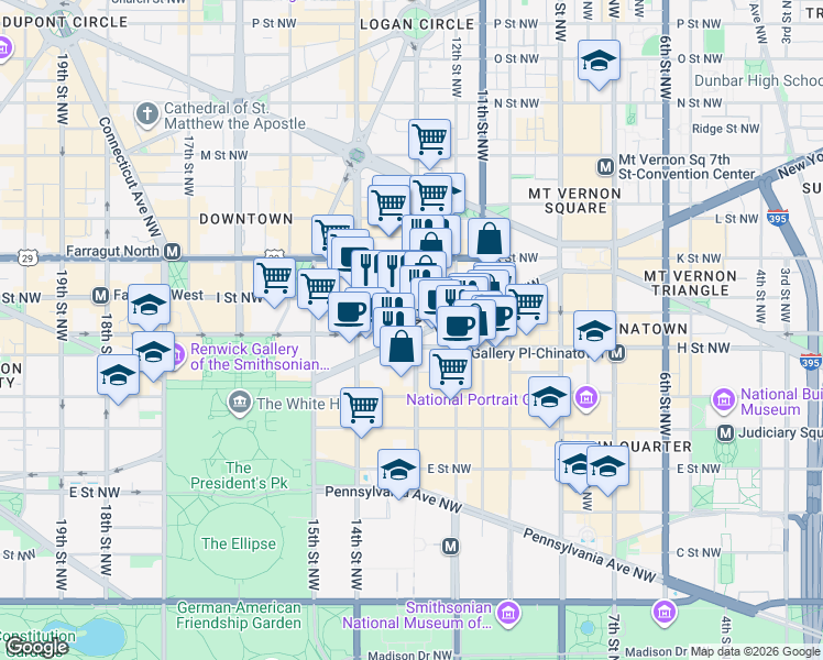 map of restaurants, bars, coffee shops, grocery stores, and more near 101 Independence Avenue Southeast in Washington