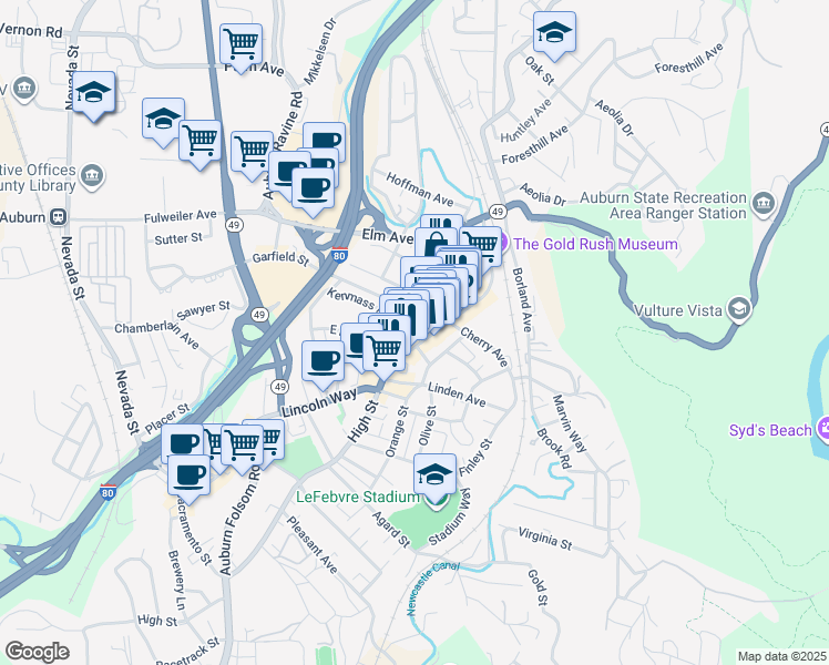 map of restaurants, bars, coffee shops, grocery stores, and more near 874 Lincoln Way in Auburn