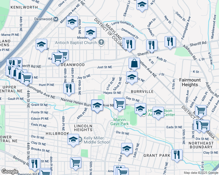 map of restaurants, bars, coffee shops, grocery stores, and more near 813 51st Street Northeast in Washington