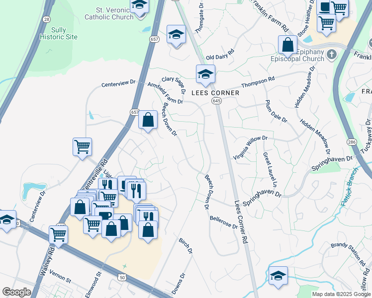 map of restaurants, bars, coffee shops, grocery stores, and more near 3635 Beech Down Drive in Chantilly