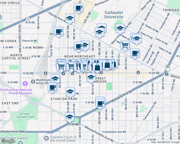 map of restaurants, bars, coffee shops, grocery stores, and more near 101 Independence Avenue Southeast in Washington