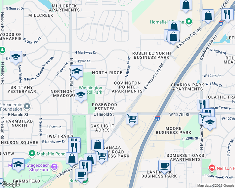 map of restaurants, bars, coffee shops, grocery stores, and more near 1270 Petzold Drive in Olathe