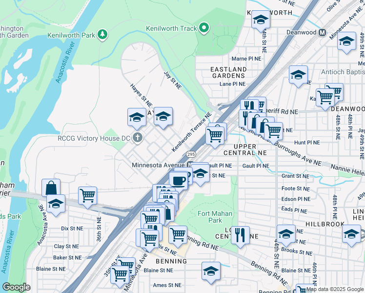 map of restaurants, bars, coffee shops, grocery stores, and more near 765 Kenilworth Terrace Northeast in Washington