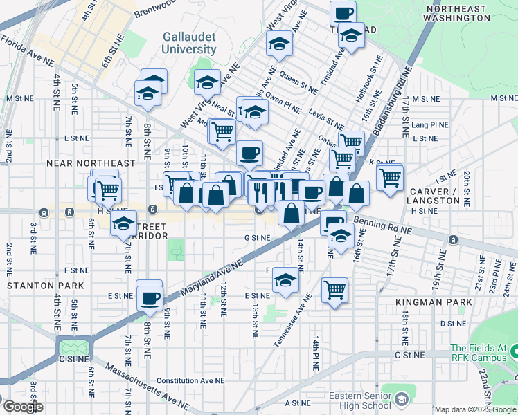 map of restaurants, bars, coffee shops, grocery stores, and more near 1300 H Street Northeast in Washington
