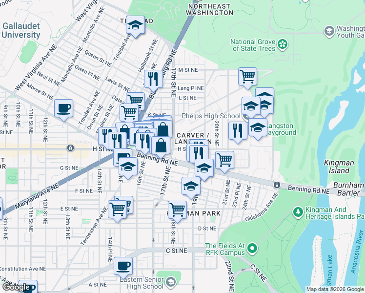 map of restaurants, bars, coffee shops, grocery stores, and more near 1720 H Street Northeast in Washington
