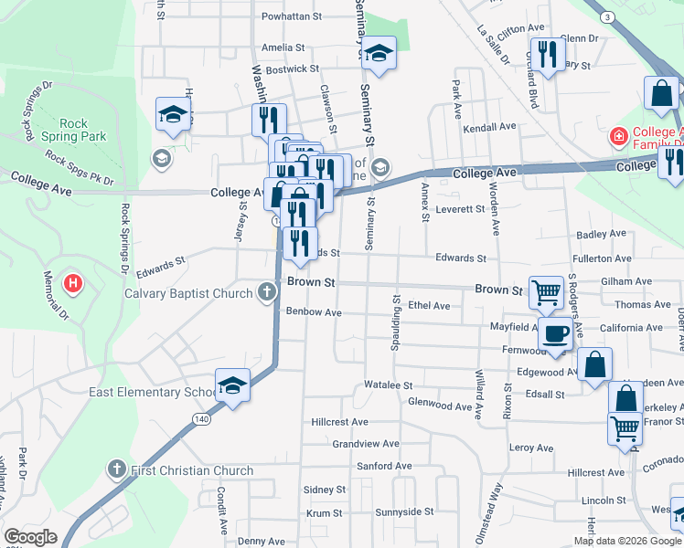 map of restaurants, bars, coffee shops, grocery stores, and more near 1523 Clawson Street in Alton