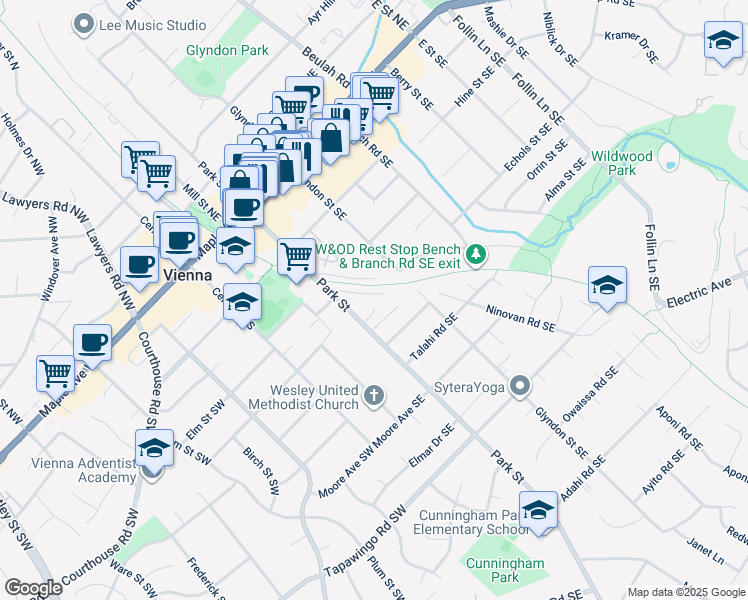 map of restaurants, bars, coffee shops, grocery stores, and more near 206 Battle Court Southeast in Vienna