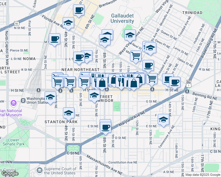 map of restaurants, bars, coffee shops, grocery stores, and more near 101 Independence Avenue Southeast in Washington