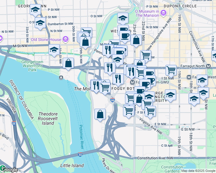 map of restaurants, bars, coffee shops, grocery stores, and more near 2520 I Street Northwest in Washington