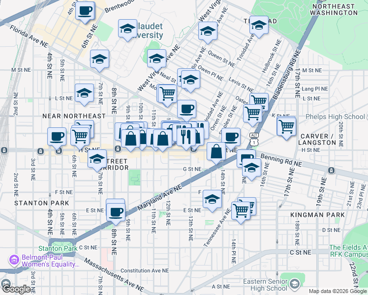 map of restaurants, bars, coffee shops, grocery stores, and more near 101 Independence Avenue Southeast in Washington