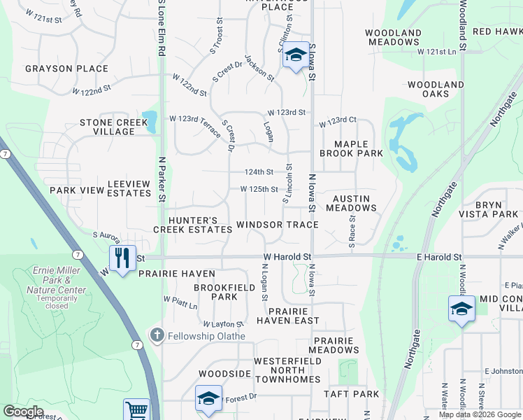 map of restaurants, bars, coffee shops, grocery stores, and more near 12532 South Logan Street in Olathe