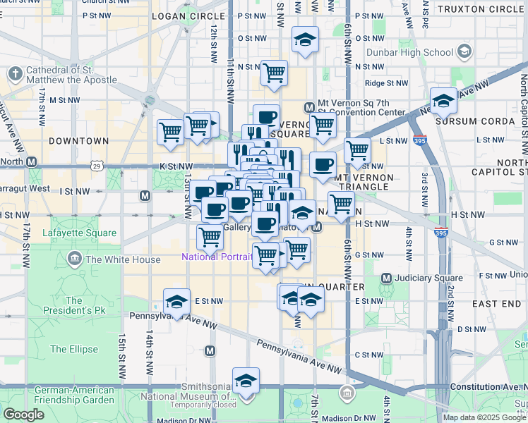 map of restaurants, bars, coffee shops, grocery stores, and more near 925 H Street Northwest in Washington