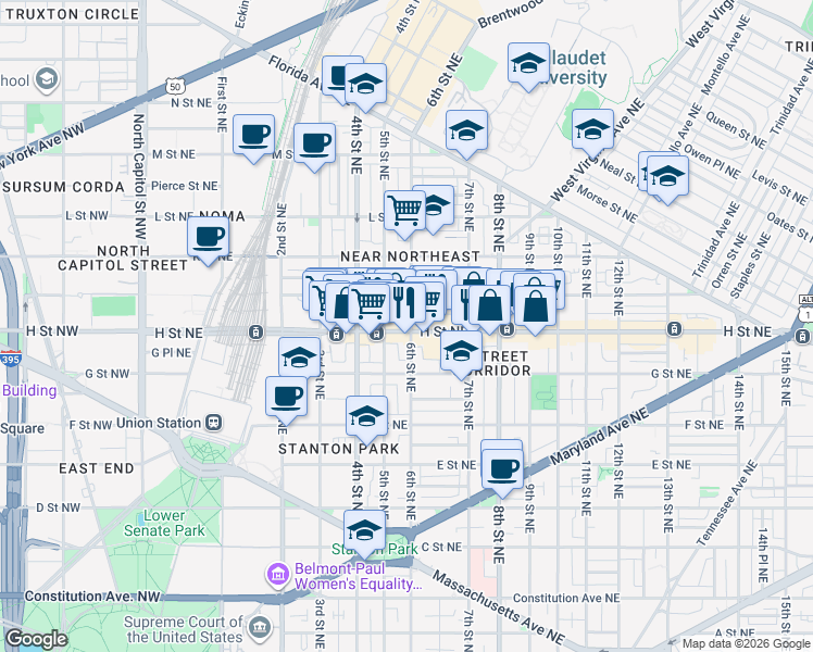 map of restaurants, bars, coffee shops, grocery stores, and more near 528 H Street Northeast in Washington