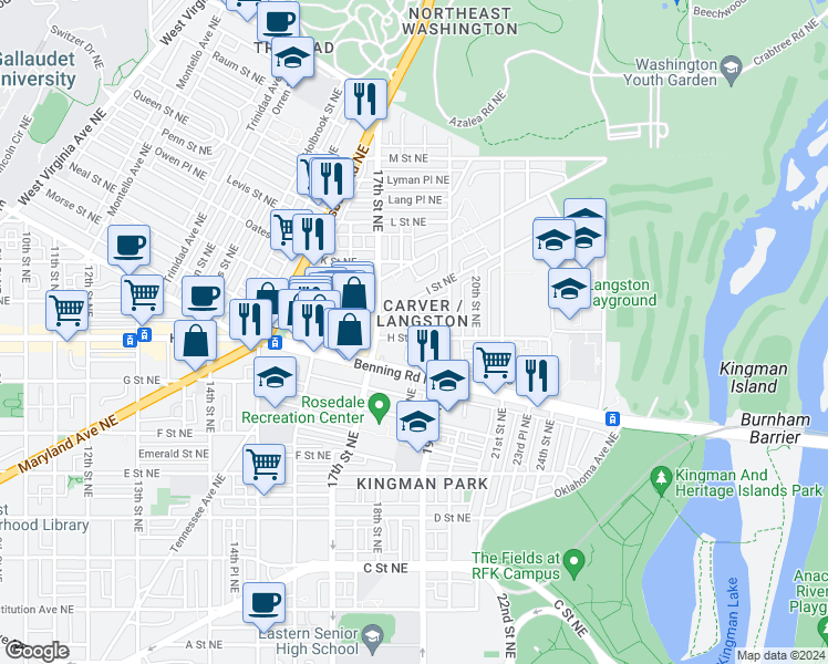map of restaurants, bars, coffee shops, grocery stores, and more near 101 Independence Avenue Southeast in Washington