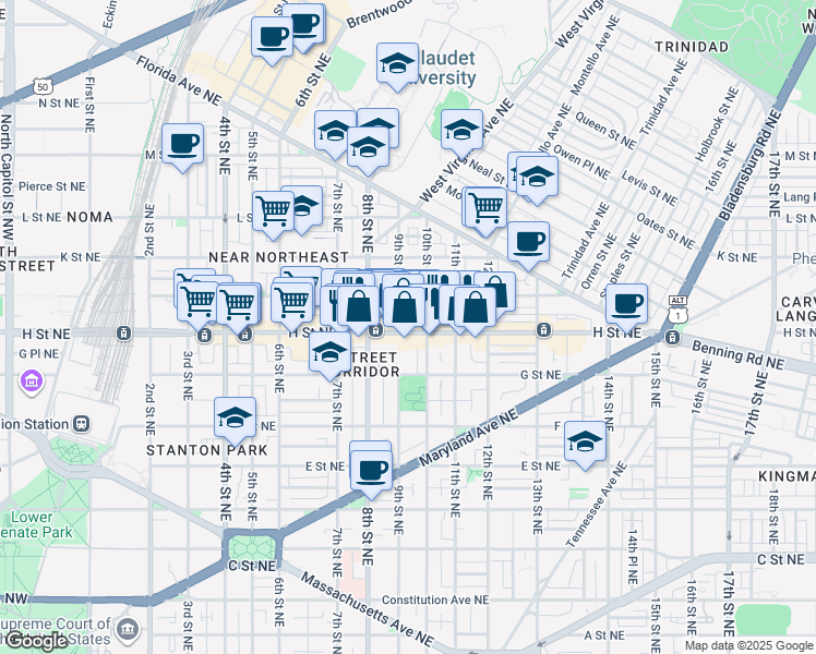 map of restaurants, bars, coffee shops, grocery stores, and more near 101 Independence Avenue Southeast in Washington