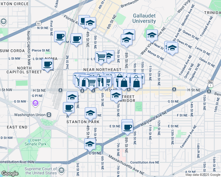 map of restaurants, bars, coffee shops, grocery stores, and more near 101 Independence Avenue Southeast in Washington