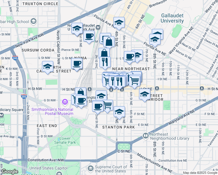 map of restaurants, bars, coffee shops, grocery stores, and more near 101 Independence Avenue Southeast in Washington