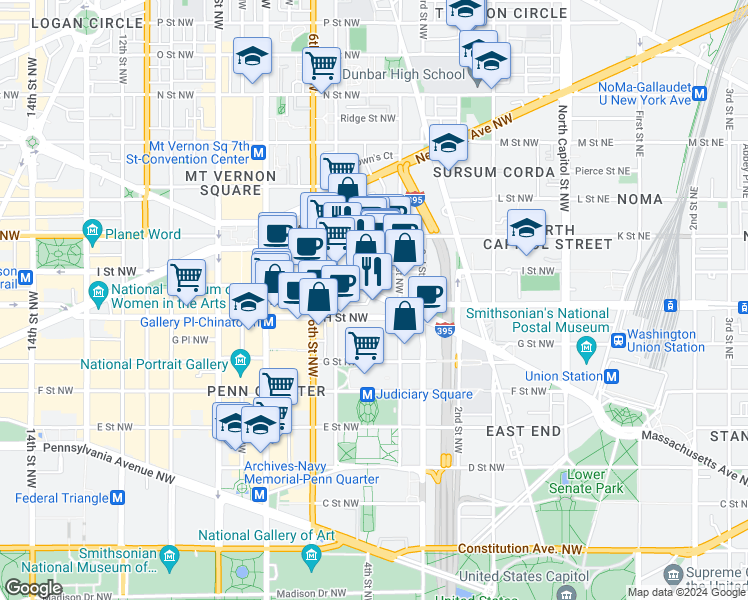 map of restaurants, bars, coffee shops, grocery stores, and more near 101 Independence Avenue Southeast in Washington