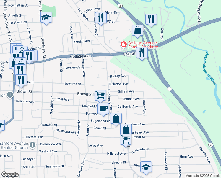 map of restaurants, bars, coffee shops, grocery stores, and more near 3406 Fullerton Avenue in Alton