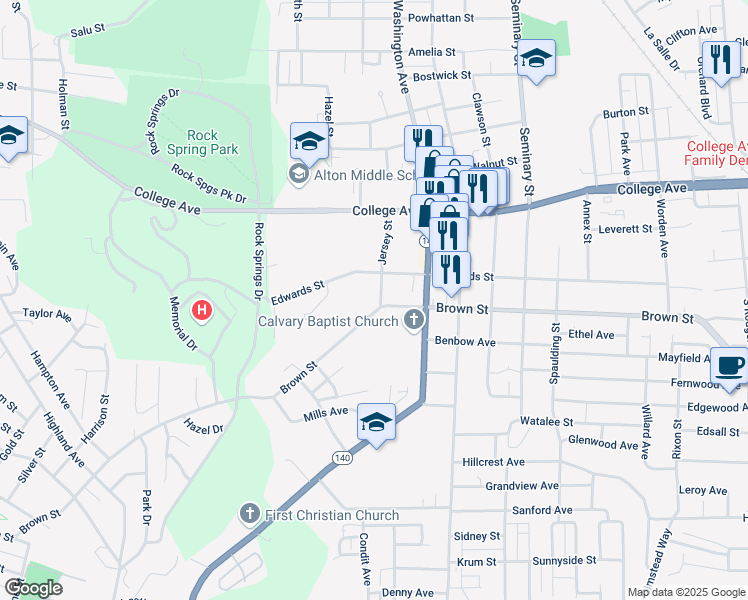 map of restaurants, bars, coffee shops, grocery stores, and more near 1524 Jersey Street in Alton