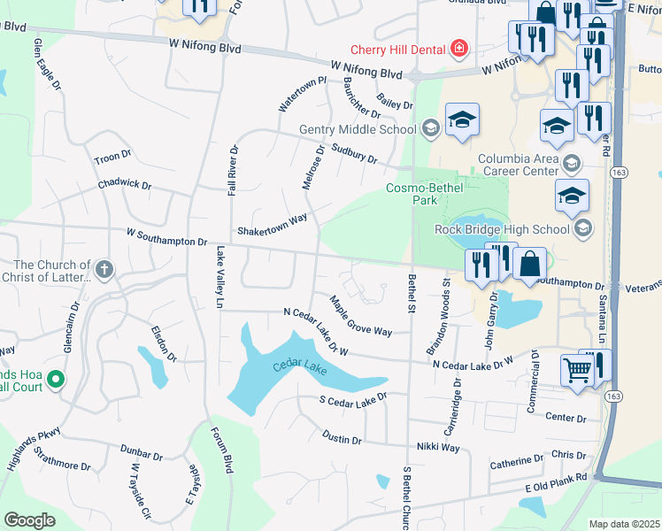 map of restaurants, bars, coffee shops, grocery stores, and more near 406 West Southampton Drive in Columbia