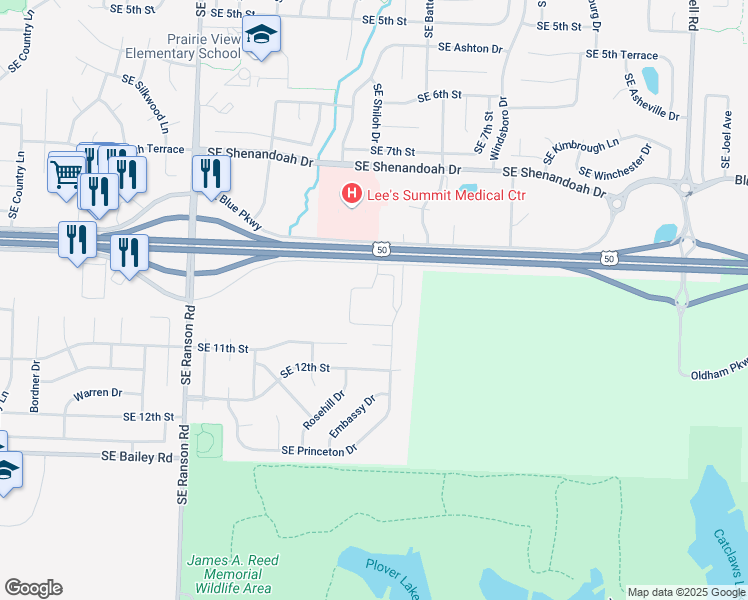 map of restaurants, bars, coffee shops, grocery stores, and more near 1253-1803 Southeast Oldham Parkway in Lee's Summit