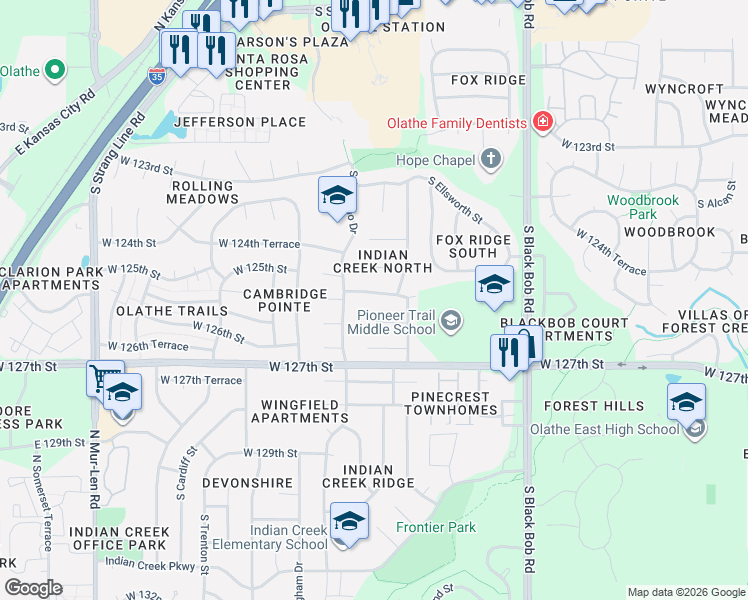 map of restaurants, bars, coffee shops, grocery stores, and more near 15612 West 125th Terrace in Olathe