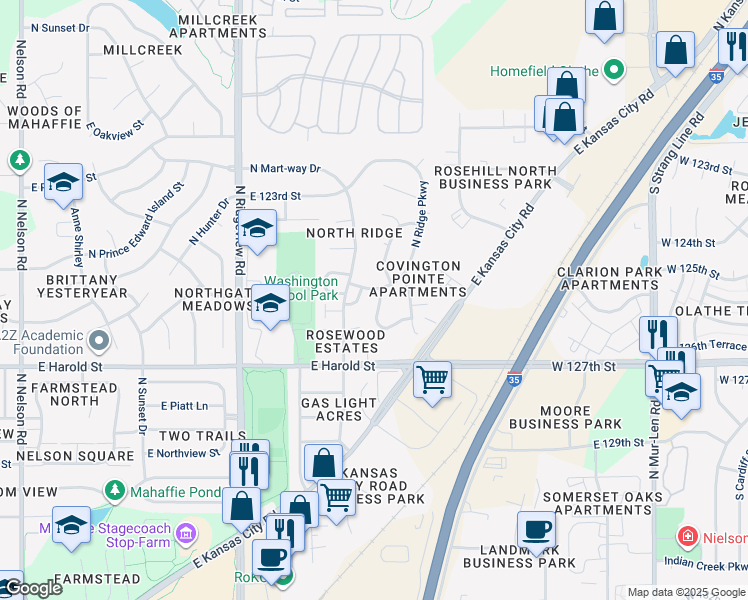 map of restaurants, bars, coffee shops, grocery stores, and more near 1554 East 125th Street in Olathe