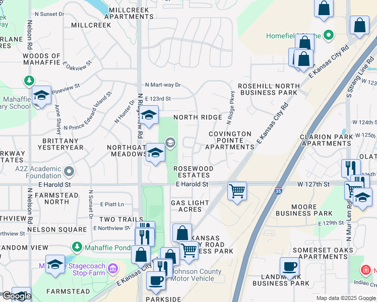 map of restaurants, bars, coffee shops, grocery stores, and more near 1290 North Mart-way Drive in Olathe