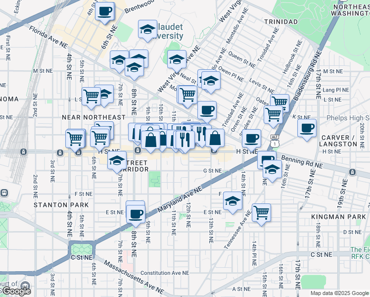 map of restaurants, bars, coffee shops, grocery stores, and more near 101 Independence Avenue Southeast in Washington
