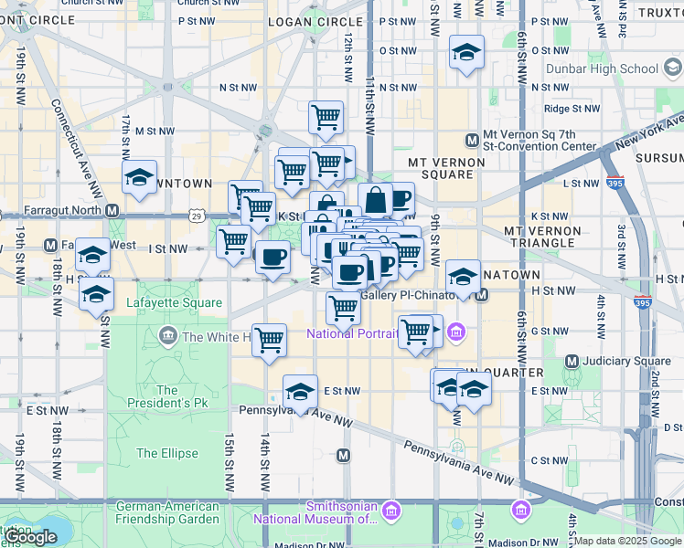 map of restaurants, bars, coffee shops, grocery stores, and more near 1214 New York Avenue Northwest in Washington