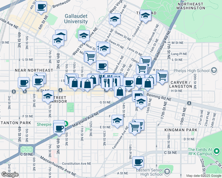 map of restaurants, bars, coffee shops, grocery stores, and more near 101 Independence Avenue Southeast in Washington